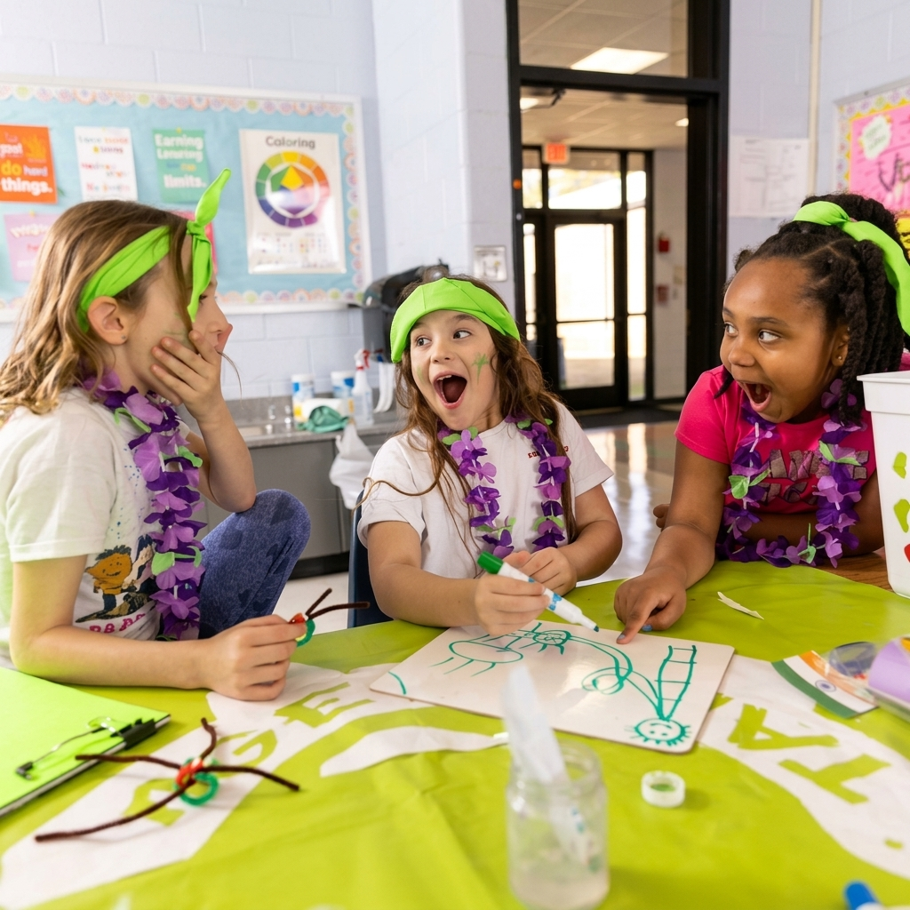 Three campers reacting excitedly together during a Challenge Island activity.