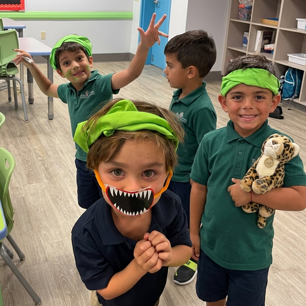 Campers smiling and playing together in green bandanas at Challenge Island.