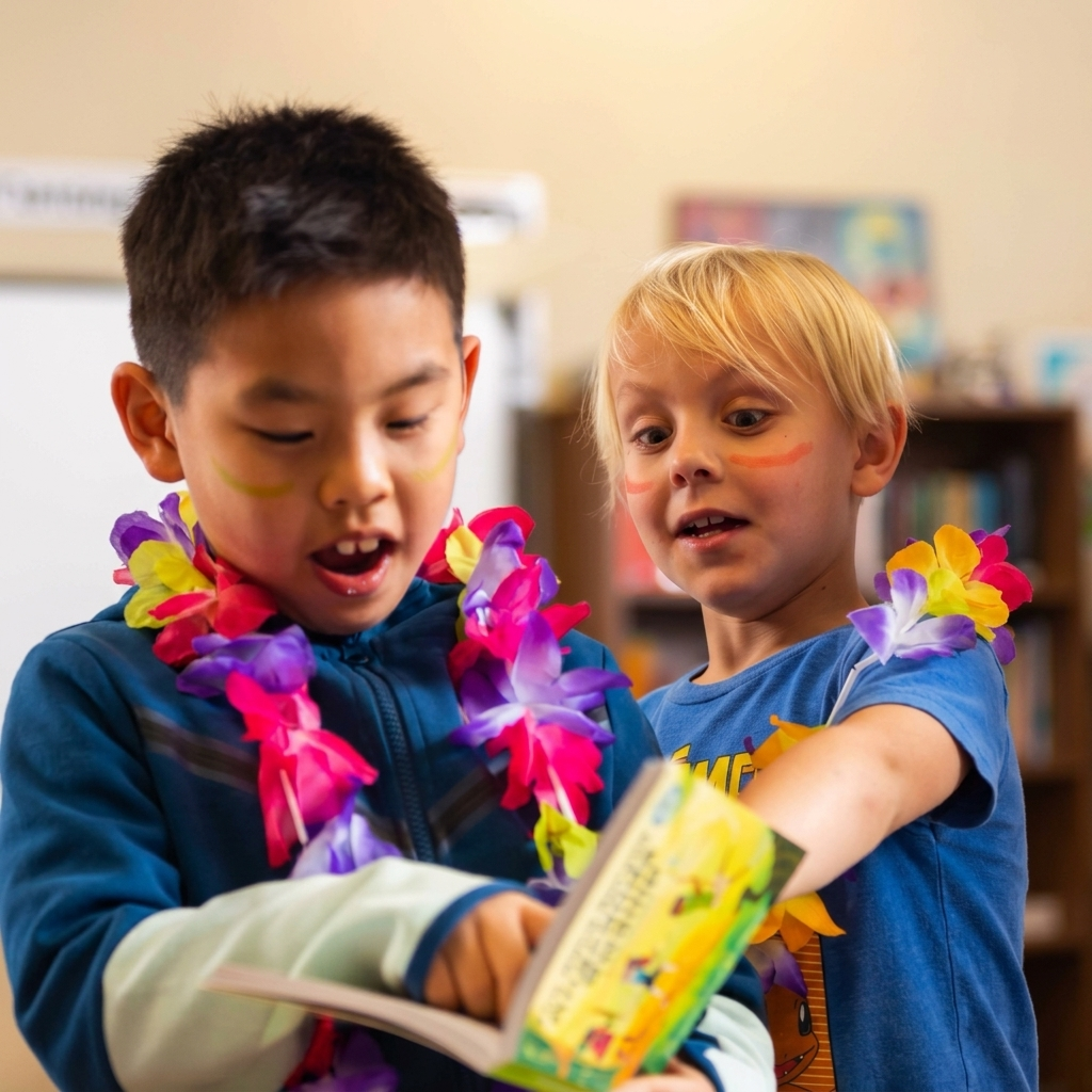 Two kids reading together during a colorful Challenge Island activity.