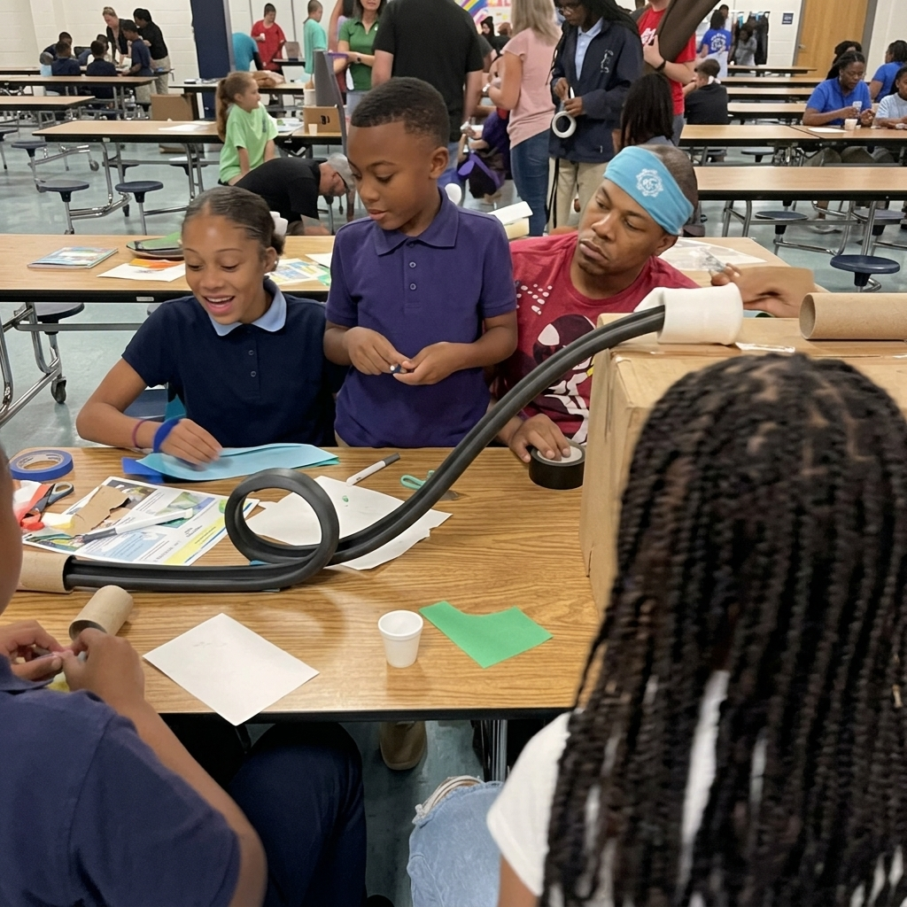 Kids and families working together on a hands-on building project.